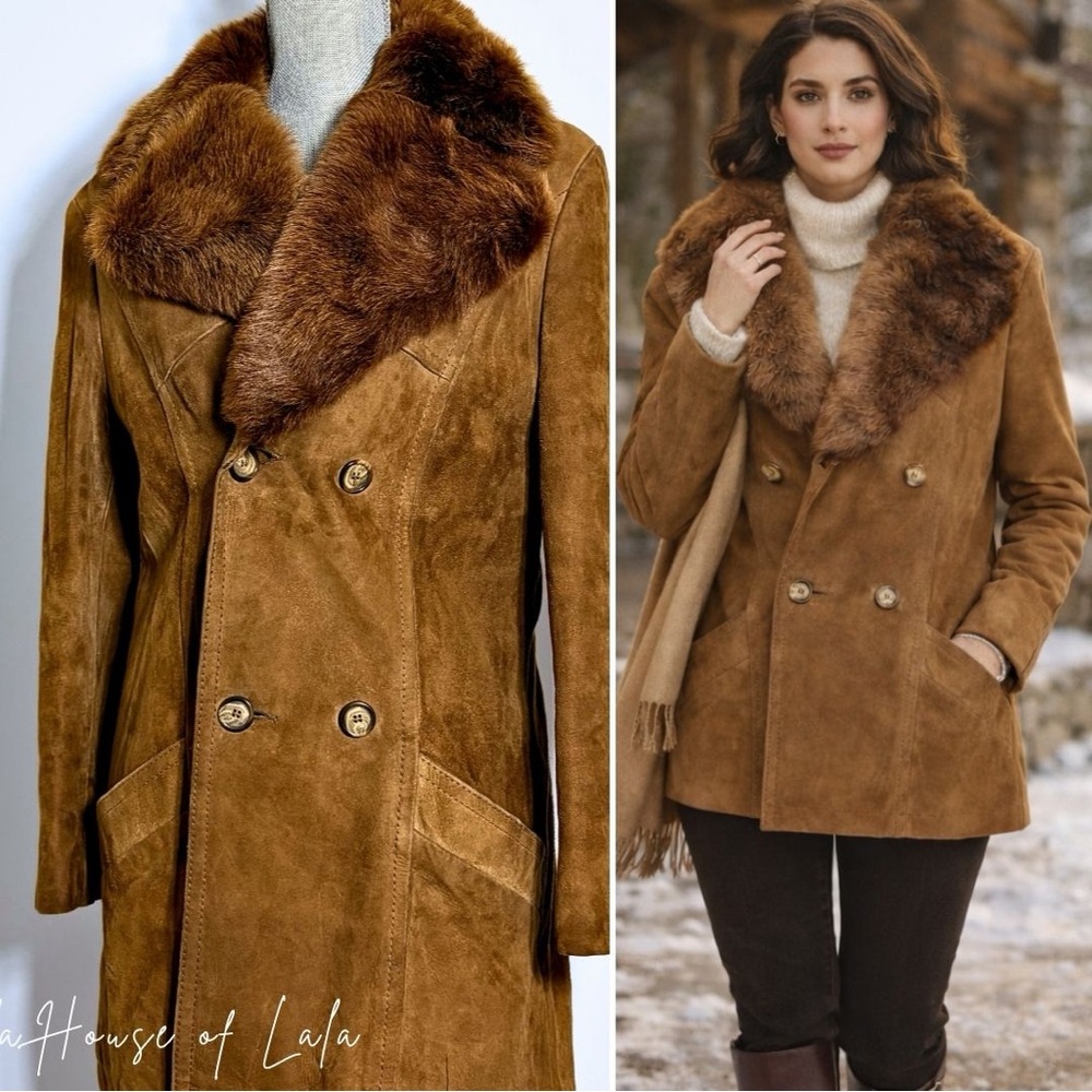 Vintage Brown Suede Trench Coat with Fur Collar Wounded Bird